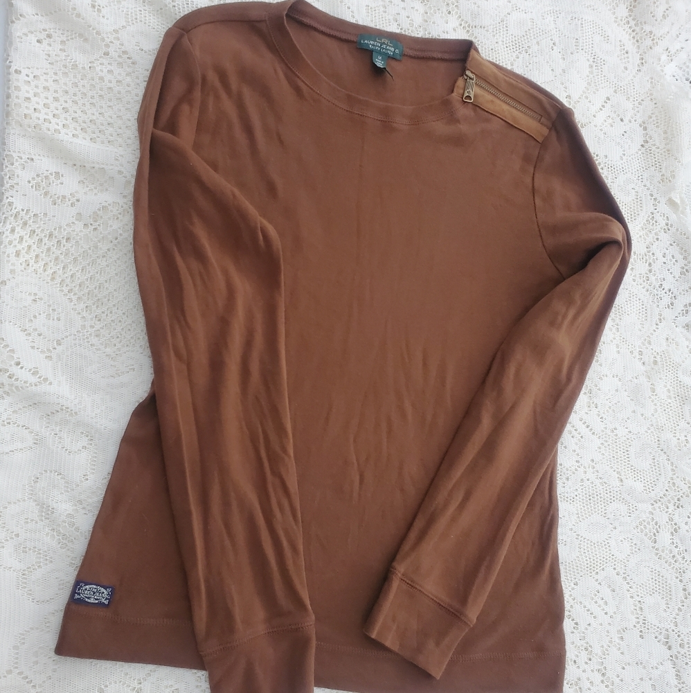 Ralph Lauren Brown Elbow Patch Long Sleeve Tee Women's Size Medium EUC